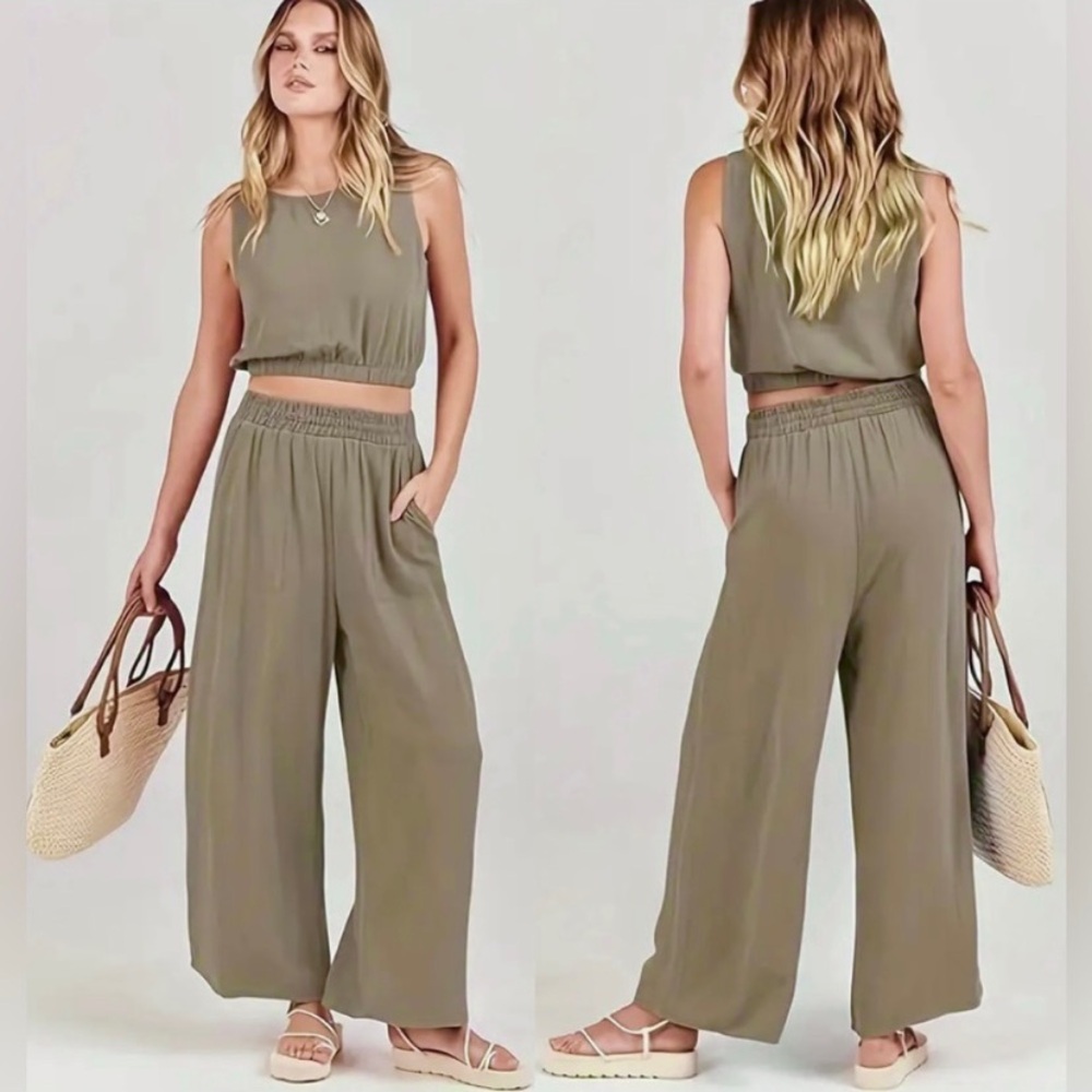 NWT New Linen Two Piece Solid Set Crop Top Wide Leg High Waist Pants Pockets